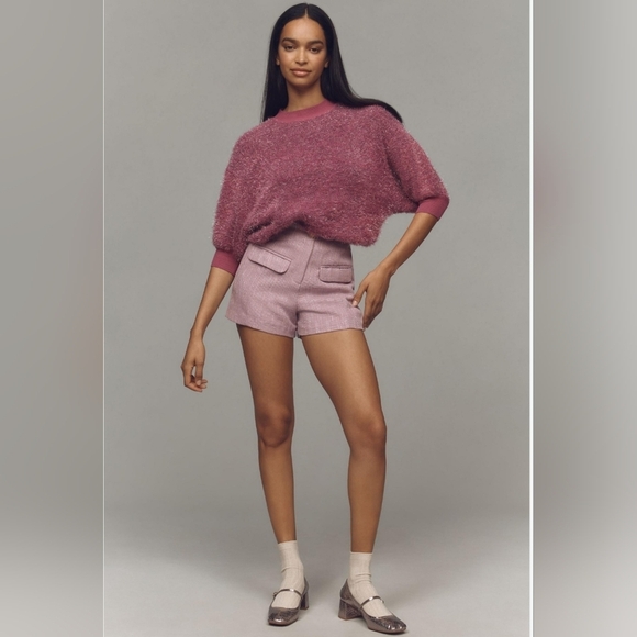 Anthropologie Maeve Violetta Short Sleeve Tinsel Sweater In Pink SZ XL NWT - Picture 2 of 14
